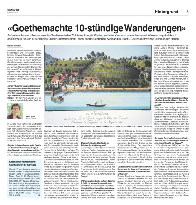 Beitrag in der Zeitung "Küsnachter" über den Vortrag "Goethe am Zürichsee" von Dr. Margrit Wyder auf Einladung des Vereins für Ortsgeschichte Küsnacht.